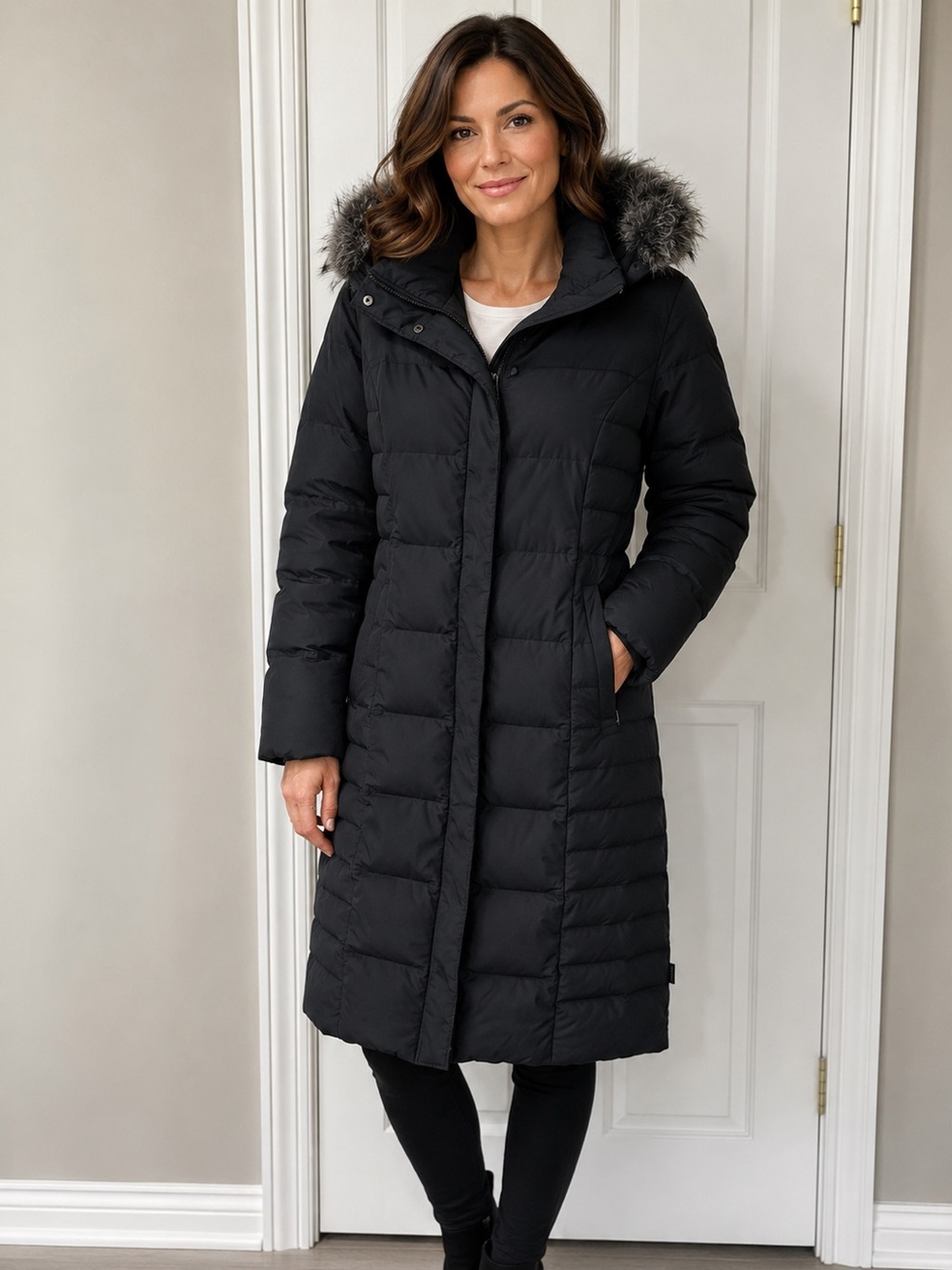 Calvin Klein Black Long Quilted Puffer Coat with Faux Fur Hood Size M